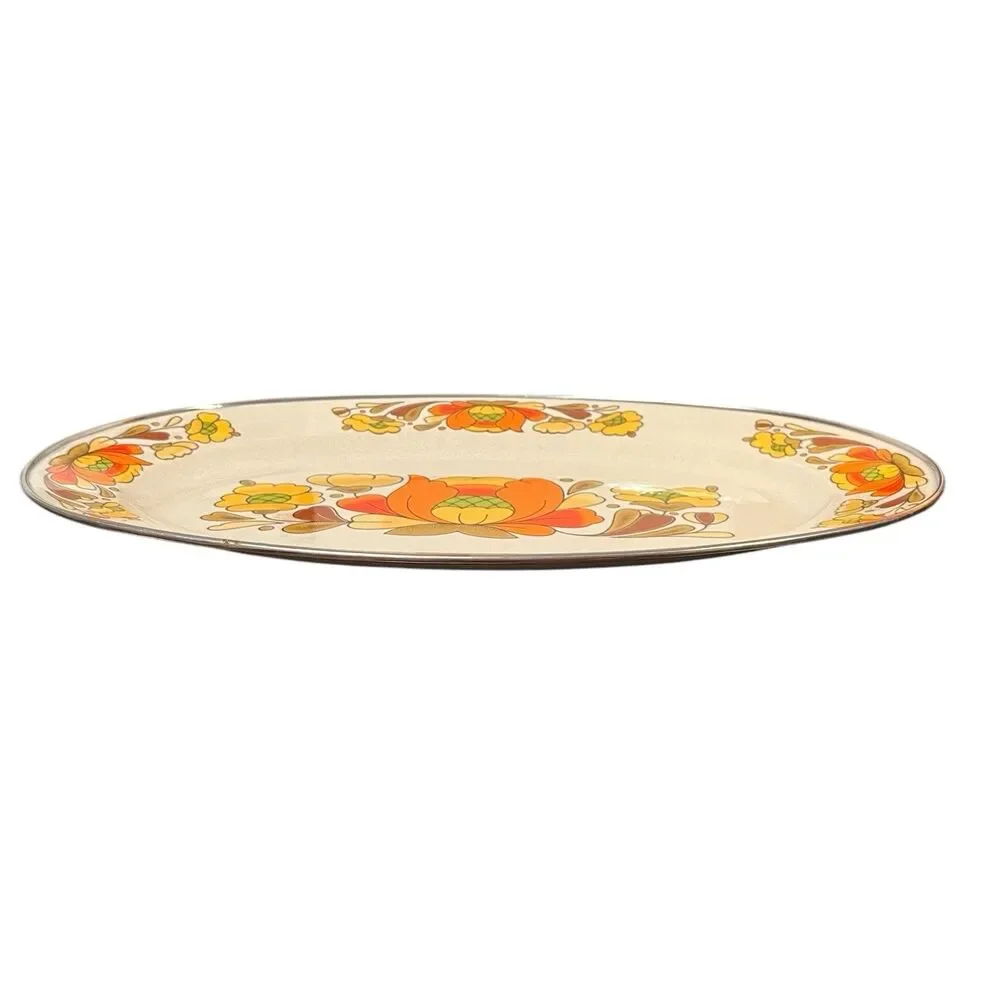 MCM Vintage 1970s Sanko Ware Porcelain Enameled Steel Country Flowers Platter